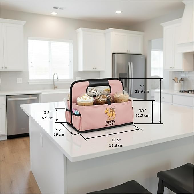 Reusable Drink Carrier with Handle, Foldable 6 Cup Drink Holder Carrier for Delivery, Coffee Cup Carrier, Portable Cup Holder Bag for Drinks, to Go Beverage Drink Organizer (Peach)
