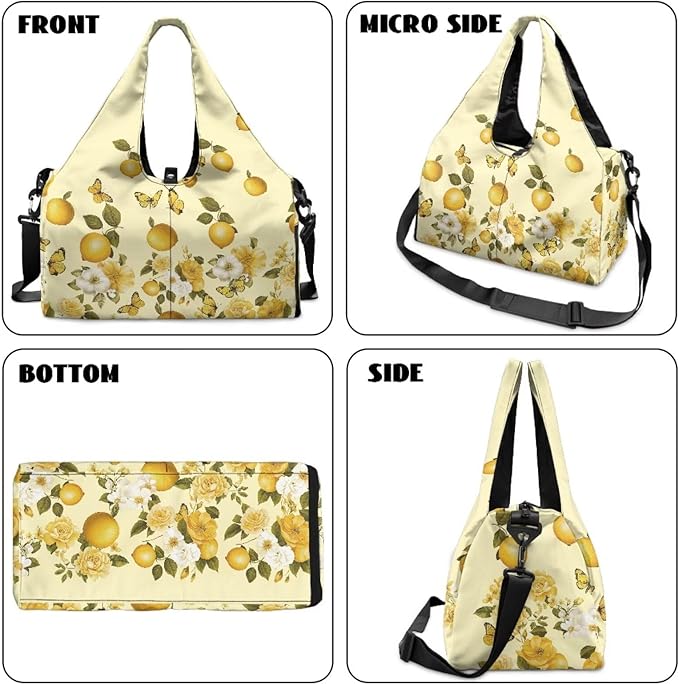 Travel Carry On Bag for Women with Yoga Mat Holder Strap, Lemon Gym Duffle Bag with Shoes Compartment, Wet Pocket, Gym Backpack Carring Workout Stuff Accessories