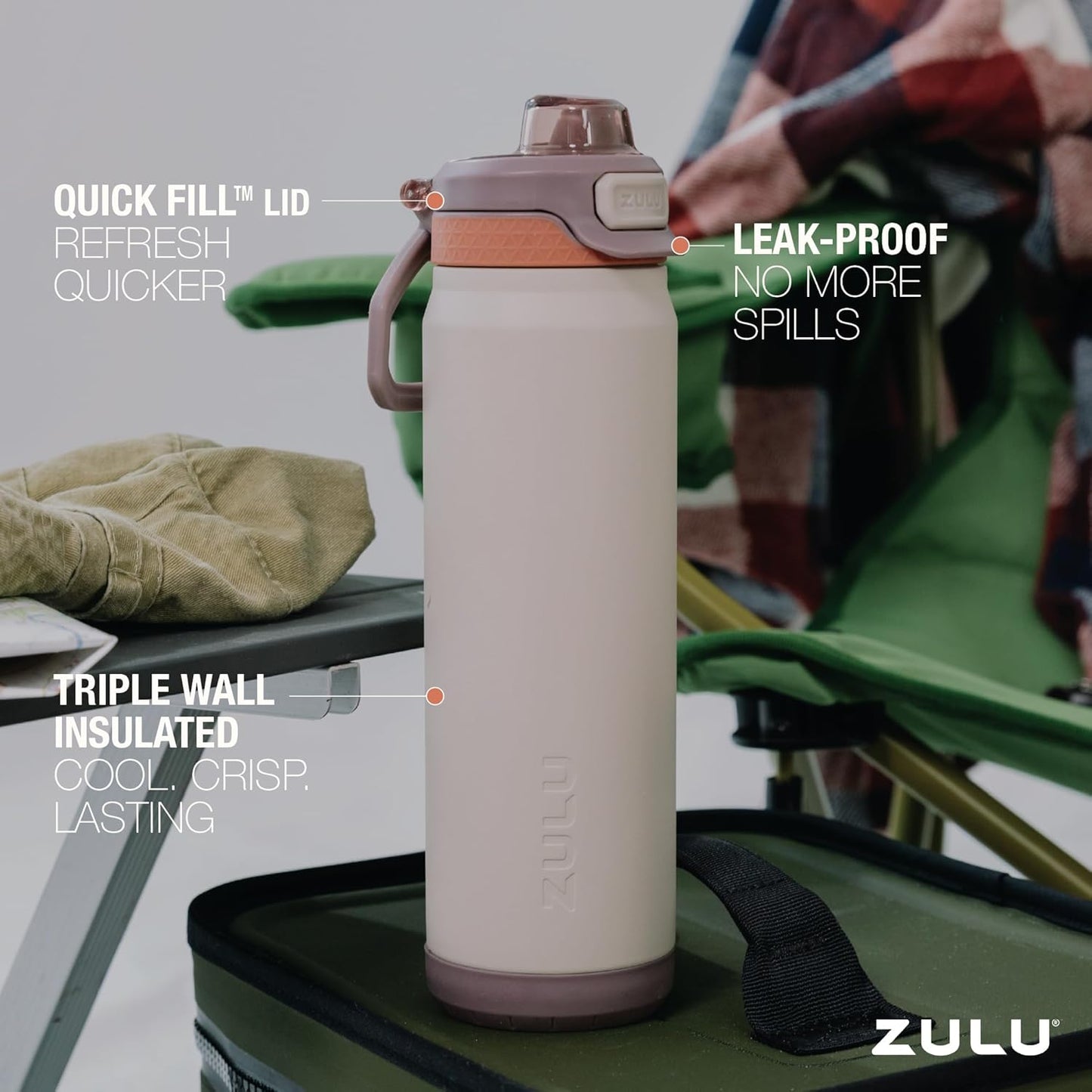 ZULU Powerfill Pro 24oz Stainless Steel Water Bottle with Quick Fill Lid, Triple Walled Vacuum Insulated Metal, Leak Proof Locking Lid, Sip and Chug, Reusable BPA Free, Driftwood