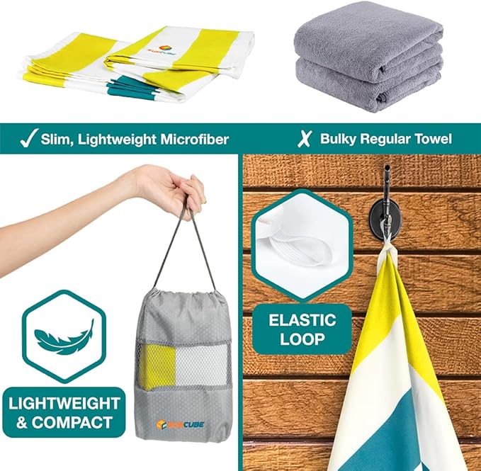 SUN CUBE Microfiber Beach Towel, Quick Dry Sand Free Beach Towel, Lightweight Compact Travel Swim Towel for Pool, Camping, Sand Resistant Packable Adult Towel - Yellow 60x30 Inches