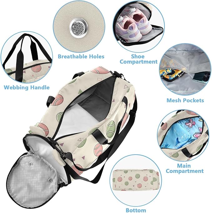 Tennis Balls Print Kids Sports Duffle Bag for Boys Girls Toddler Weekender Overnight Bag with Shoe Compartment & Wet Pocket Travel Foldable Bag for Gym Sport Dance Travel