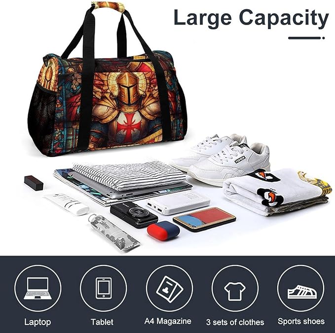 Stained Glass Knights Crusader Duffle Bag Gym Bag for Workout Travel Tote with Detachable Straps