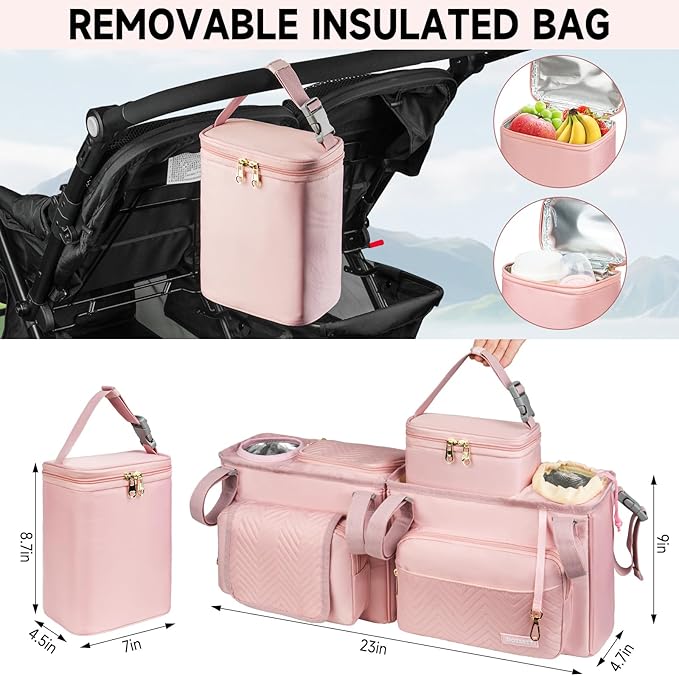 Double Stroller Caddy Compatible with Bob Duallie,Baby Jogger City Mini Gt2 and Zoe Twin V2,Double Stroller Parent Console with Cooler Bag and Cup Holder,Pink