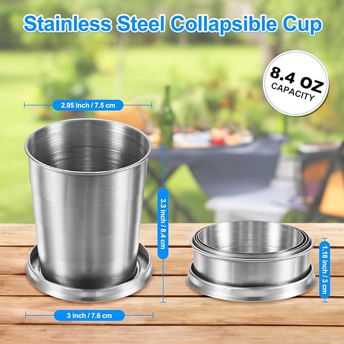 Stainless Steel Collapsible Travel Cup, 8.4oz(250ml) Reusable Collapsible Metal Cup Portable Foldable Water Bottle with Lid and Keychain for Travel/Camping/Hiking