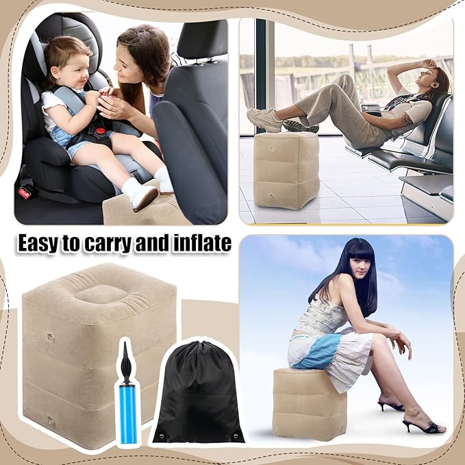 2 Pcs Inflatable Foot Rest Pillow, 2 in 1 Airplane Foot Hammock for Travel, Adjustable 3 Layers Leg Rest Pillow with Pump and Storage Bag Portable for Flights Comfort, Travel Accessories
