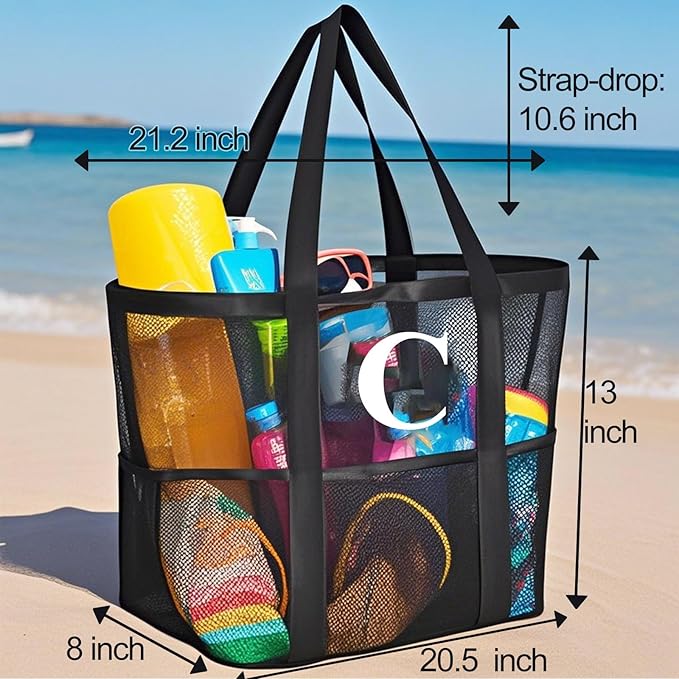Personalized Mesh Beach Bag for Women - Waterproof Initial Tote Bag for Family Travel, Toys, Vacation Essentials
