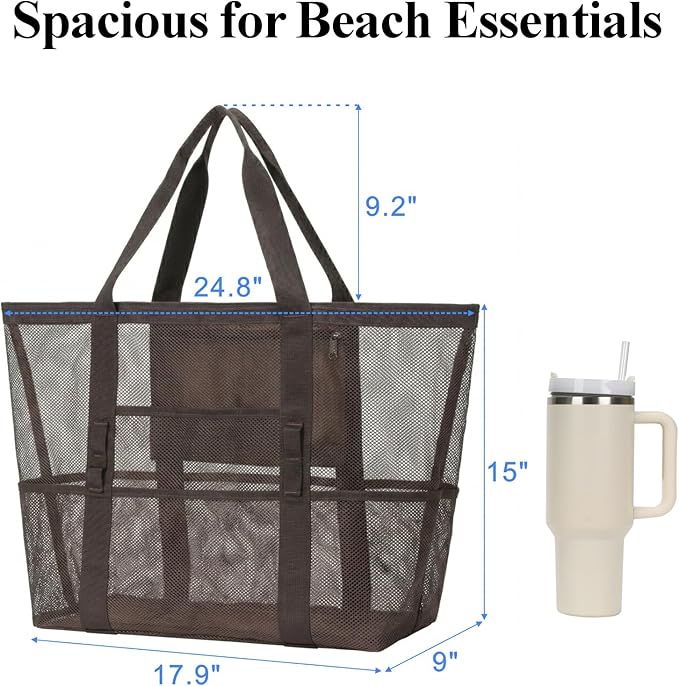 F-color Mesh Beach Bag Family - Large Tote Bag 9 Pockets for Swim Pool Toys Cruise Beach Vacation Essentials