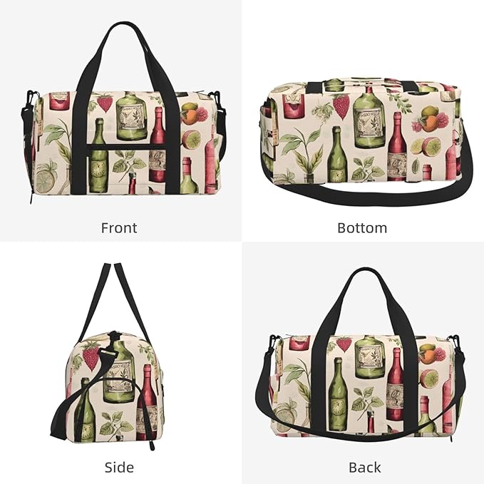 Sports Gym Bag Fruits Wine Bottle Pattern Travel Duffel Bag With Shoe Compartment Shoulder Strap, Lightweight Water-Resistant Weekend Overnight Totes For Women Men