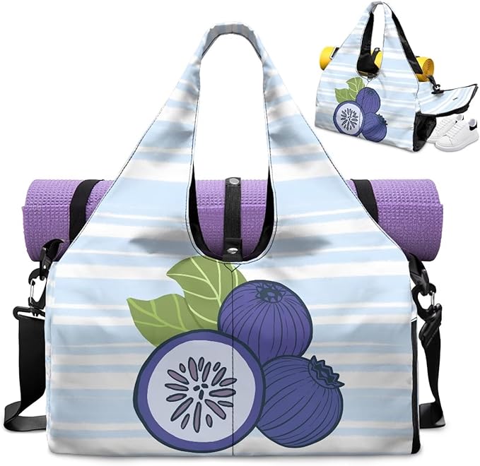 Blueberry Duffle Bag Women with Yoga Mat Holder Durable Blue Gym Bags for Women with Shoe Compartment, Waterproof Stylish Workout Bag Sports Travel Weekender