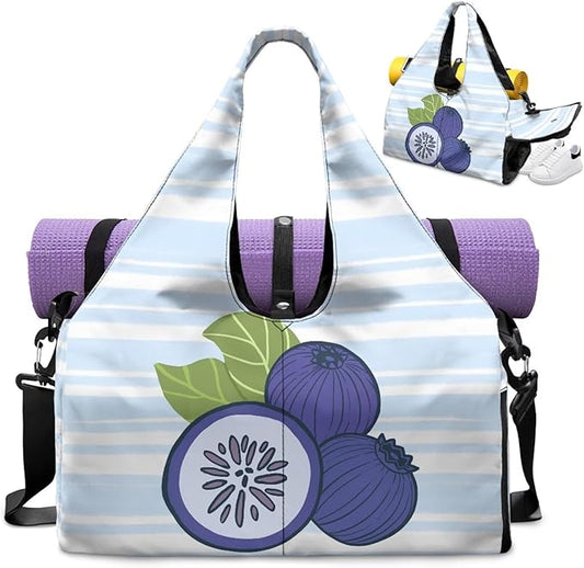 Blueberry Duffle Bag Women with Yoga Mat Holder Durable Blue Gym Bags for Women with Shoe Compartment, Waterproof Stylish Workout Bag Sports Travel Weekender