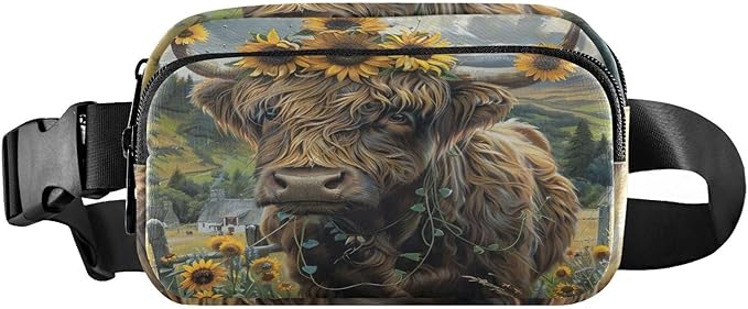 Highland Cow Sunflowers Fanny Pack for Women Men Water Resistant Fashion Waist Packs with Adjustable Strap Belt Bag for Travel Workout Jogging Hiking 21220115