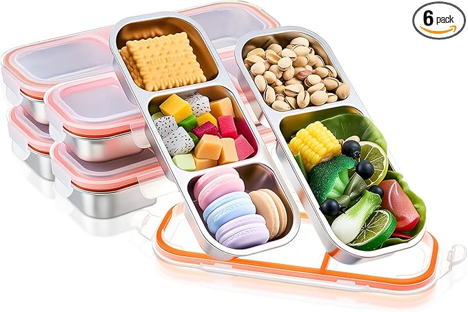 6 Pcs 304 Stainless Steel Lunch Containers Bento Boxes 38oz Salad Multipurpose with 3 and 2 Compartments Winter Party Reusable Large Box with Lids Divided Containers for Snack Dip Sandwich (Orange)