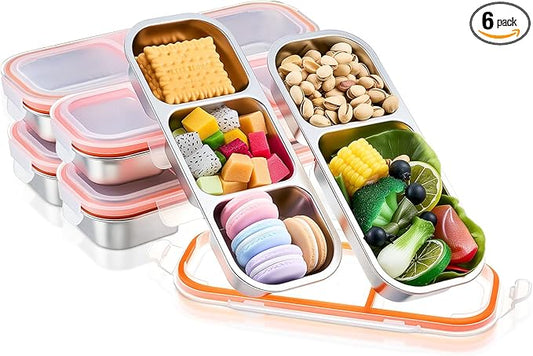 6 Pcs 304 Stainless Steel Lunch Containers Bento Boxes 38oz Salad Multipurpose with 3 and 2 Compartments Winter Party Reusable Large Box with Lids Divided Containers for Snack Dip Sandwich (Orange)