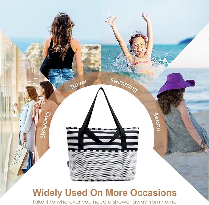 KABAQOO Large Beach Bag Waterproof Sandproof Tote Bag for Women with Zipper & Mesh Pockets for Pool Swim Travel Everyday