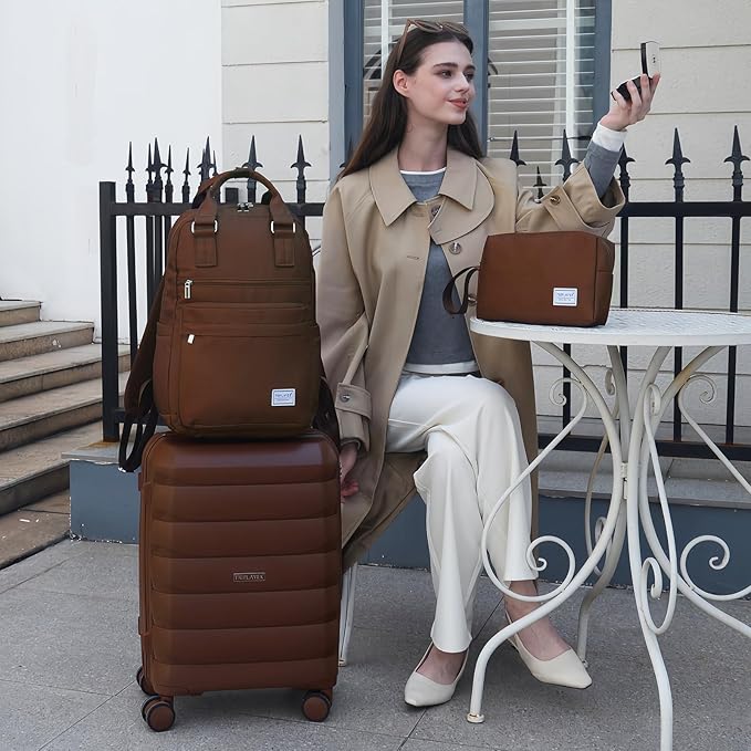 Luggage Sets 5 Pieces, Suitcase Set with Spinner Wheels, 3 Piece Luggage Set with Backpack (28/24/20inch Mocha)