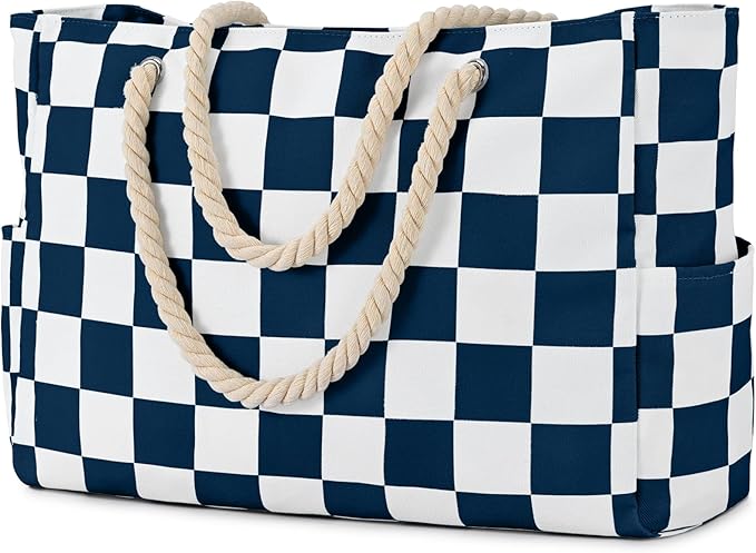 Becokan Beach Bags for Women Checkered Large Beach Tote Bag Zipper Beach Bags Waterproof Sandproof Canvas Swim Pool Bag