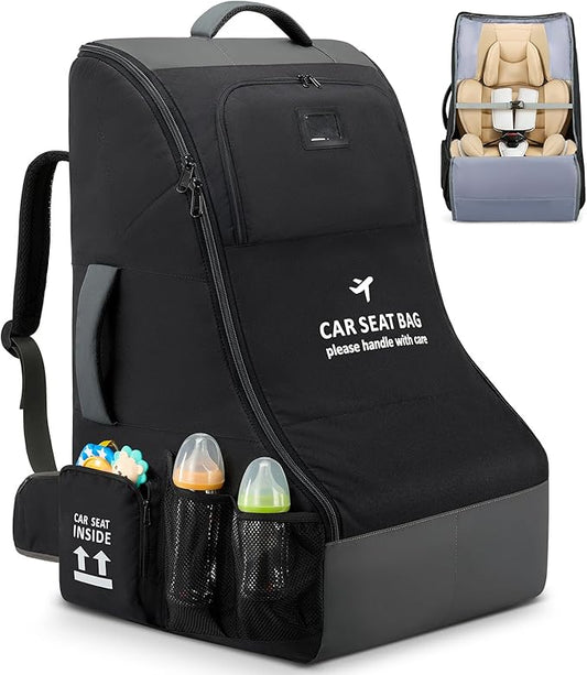 RAINSMORE Car Seat Travel Bag for Airplane Padded Carseat Backpack Heavy-duty Car Seat Cover for Air Travel Infant Car Seat Carrier Bag with Shoulder & Waist Strap, Fits Most Car Seat & Booster Seats