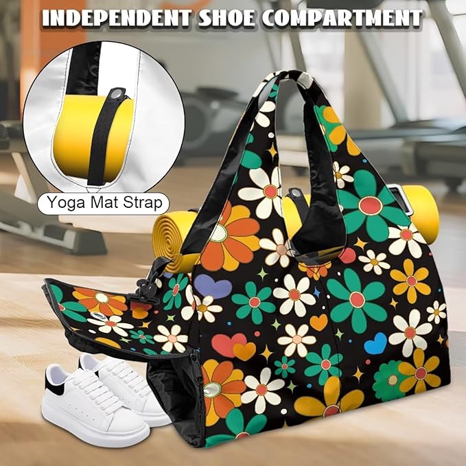 Hippie Flower Gym Bag with Shoe Compartment and Yoga Mat Holder, Waterproof Floral Duffel Bag with Pockets Black Workout Bag for Men Fitness Workout Sports Bag