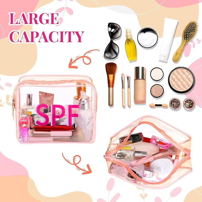 Spf Clear Makeup Bag 9.5" x 7" x 3.5" Pink Beach Pouch Large Waterproof Travel Toiletry Cosmetic Bag PVC Transparent Zippered Organizer for Women Girl Summer