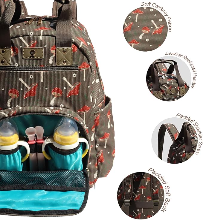 Diaper Bag Backpack, Large Capacity Multifunction Baby Essentials Fashion Travel Pack Linen Canvas office Laptop Bag (Corduroy Mushroom)