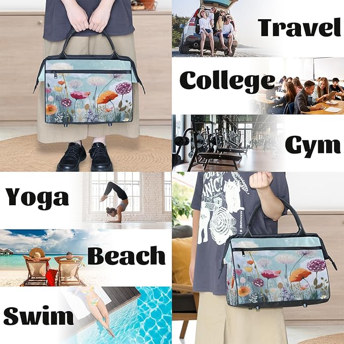 Overnight Weekender Bags for Women Men, Garden Wildflowers Waterproof Travel Carry On Duffel Bag, Lightweight Sports Gym Bag for Fitness, Workout, Travel