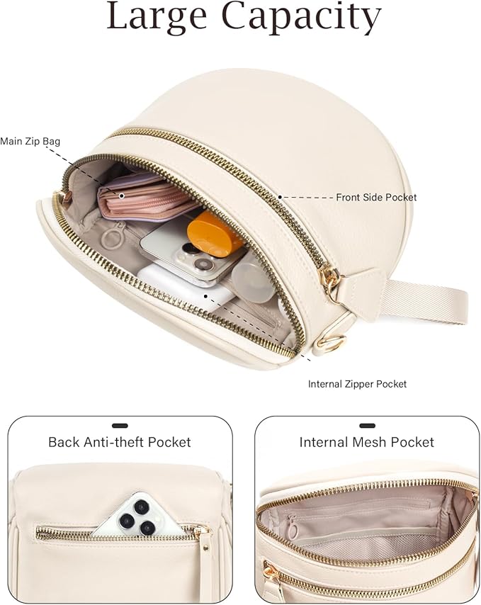 Valentoria Fashionable Womens Leather Waist Bag Crossbody Bag Detachable Wallet Adjustable Shoulder Strap (Beige)