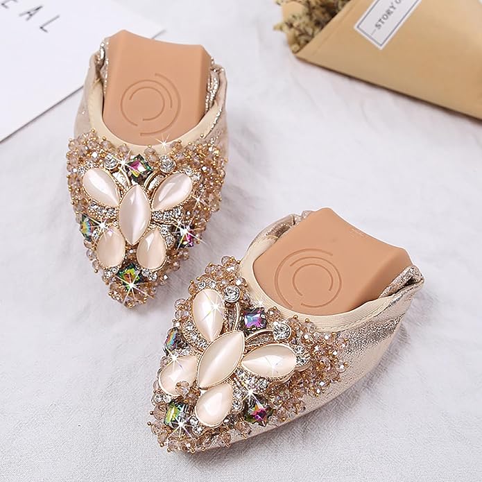 Women Ballet Flats Sparkly Rhinestone Wedding Ballerina Shoes Pointed Toe Foldable Comfort Slip on Flat Dress Shoes