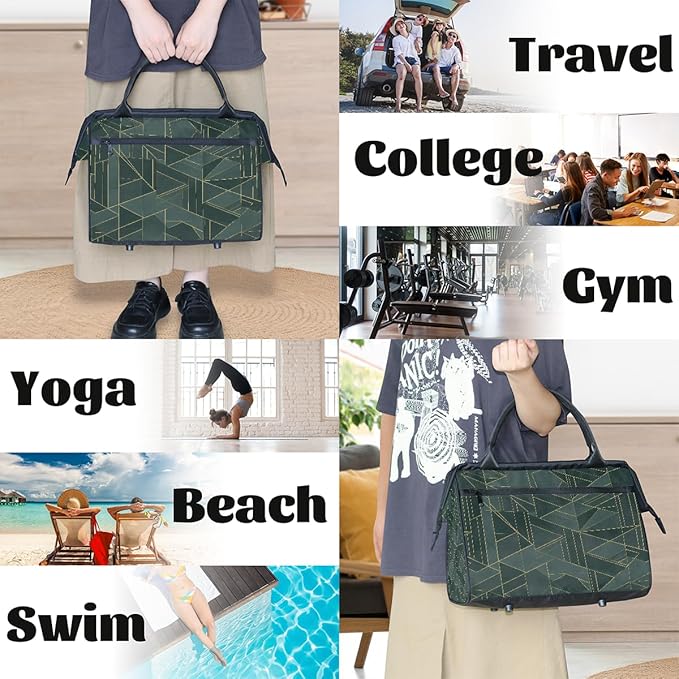 Teal Gold Geometric Lines Travel Duffel Bag, Waterproof Sports Gym Duffle Bag, Large Capacity Weekender Carry On Overnight Bags for Women Men