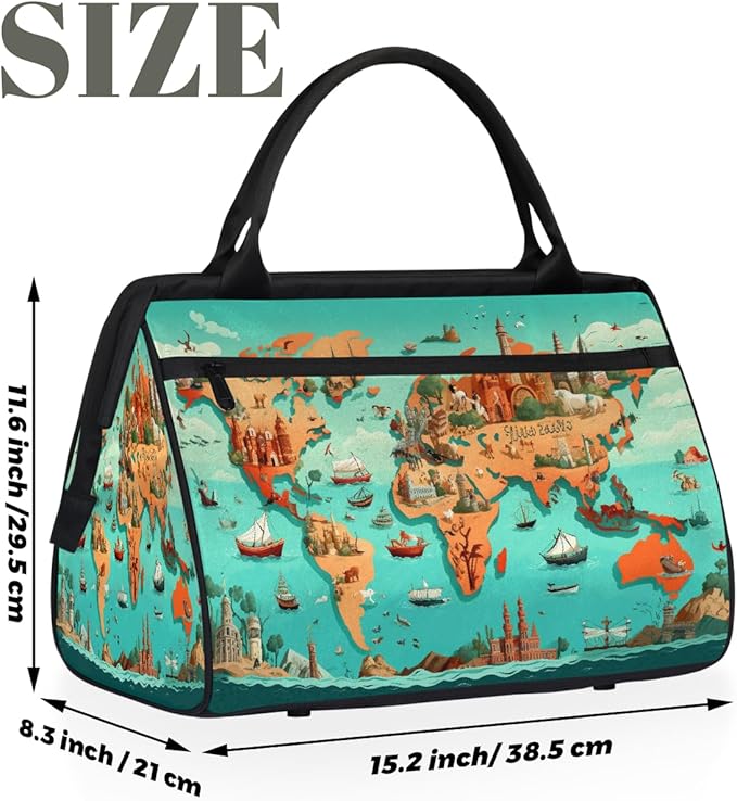 Gym Bag for Women Men, World Map Sports Duffel Bags, Waterproof Travel Weekender Overnight Carry On Tote Bags for Travel Sports