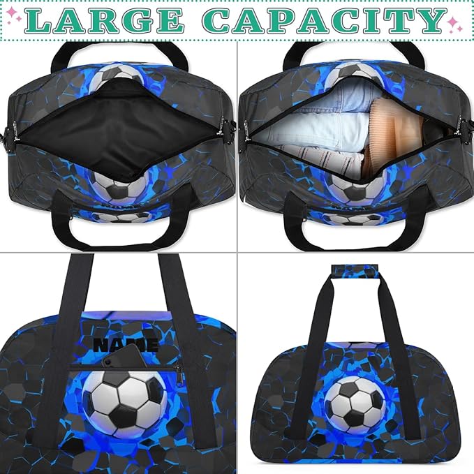 Personalized Name Sports Bag for Kids Boys, Custom Gym Duffel Fitness Travel Weekender Tote Carry-On Training Perform Bag, Soccer Black Blue