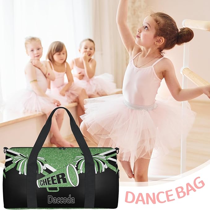 Custom Name Dance Bag, Personalized Name Gymnastics Sport Cheerleader Bag, Green Black Glitter Sequins Cheerleader Theme Barrel Ballet Duffel Tote Women