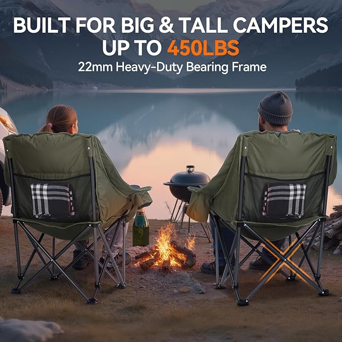 Oversized Camping Chair Padded Camping Chairs Heavy-Duty Foldable Camping Chairs with Cup Holder and Cooler Bag Portable Lawn Chair for Sports Outdoors-Support 450LBS, Green