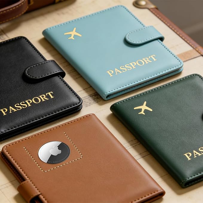 Passport Holder with Airtag Slot Cards Cash Air Ticket Pocket, Travle Gifts for Women Men RFID Blocking Wallet, Passport Book Cover Case Light Cyan