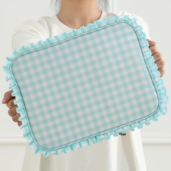 Gingham Ruffle Makeup Bag,Large Travel Cute Cosmetic Bag for Women Girls,Toiletry Bag Make up Organizer 10.8 x 4.5 x 8 inch (Mint Gingham)