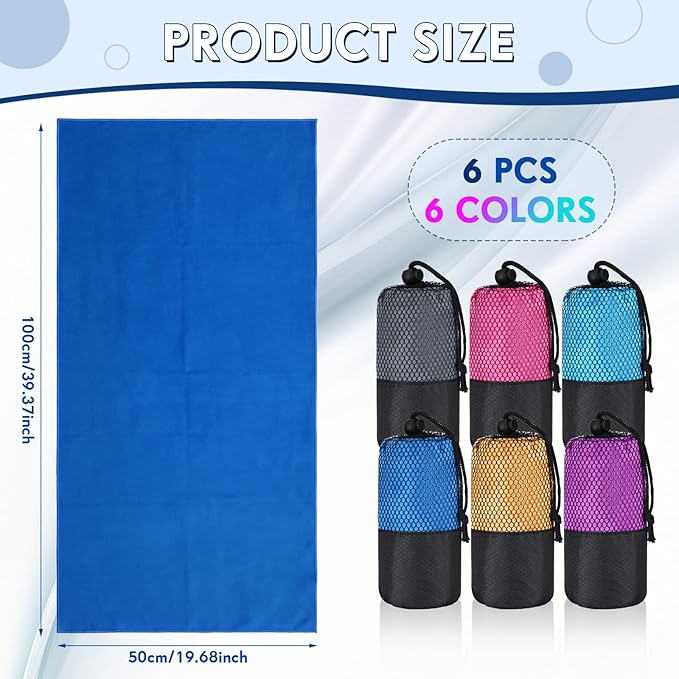 Oudain 6 Pieces Quick Dry Travel Towel Bulk, Microfiber Beach Towel with Bag Compact Soft Trip Towel Lightweight Adults Towel for Camping, Gym Beach Swimming Yoga, 20 x 39 Inches (Classic Color)