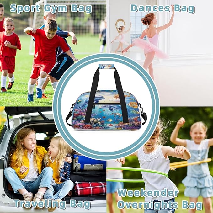 Kids Duffle Bag Girls Boys Sea Marine Dolphin Turtle Fish Weekender Overnight Bag,Lightweight Duffel Bags for Traveling Gym Sport Dance