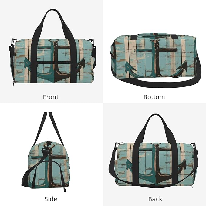 Sports Gym Bag Teal Green Wooden Board Anchor Travel Duffel Bag With Shoe Compartment Shoulder Strap, Lightweight Water-Resistant Weekend Overnight Totes For Women Men
