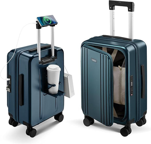 Carry On Luggage Top Opening with Cup Holder & Phone Holder, Expandable PC Hard Shell Suitcase, USB Charging Port, Side Hook, 360° Spinner Wheels, TSA Lock & YKK Zippers for Women Man Gifts