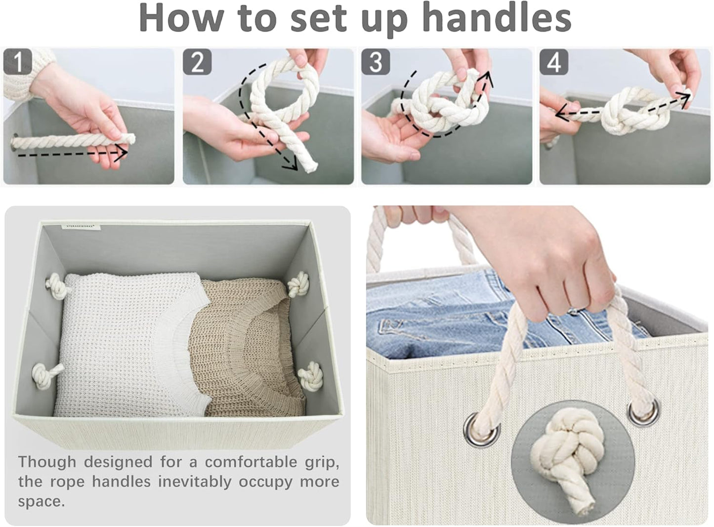 StorageWorks Storage Bins with Lids, Decorative Storage Boxes with Lid and Soft Rope Handles, Foldable Storage Baskets for Closet, Shelves, Stackable, 3-Pack, Ivory and White, Jumbo