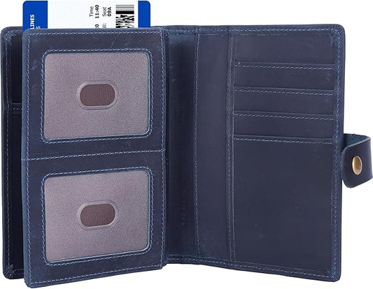 STAR VISTA Cosimo Leather Passport Holder for Exquisite Voyagers or Pilots, Transparent Windows for Travel Document & Dual IDs, RFID Blocking, 2 Passports, 2 IDs, 8 Cards, AirTag Slots, Navy Blue