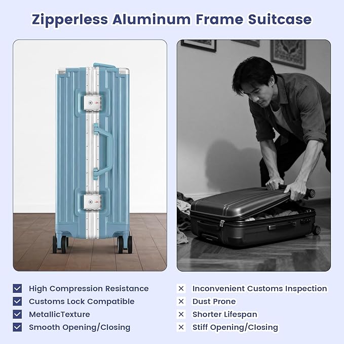 20 Inch Carry On Suitcase, Aluminum Frame Zipperless Hard Shell Luggage with Spinner Wheels, TSA Lock, USB Charging Port, Phone Holder, Cup Holder for Business Travel and Trips, Blue