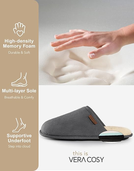 VeraCosy Men's Corduroy Scuff Slippers Soft Comfy Memory Foam Non-slip Indoor House Shoes