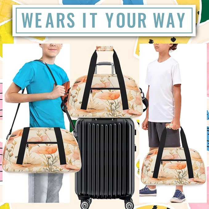 Sports Duffel Bags, Peach Poppy Watercolor Water-Resistant Gym Duffle Bag for Men Women, Lightweight Weekender Overnight Bag for Fitness, Workout, Travel