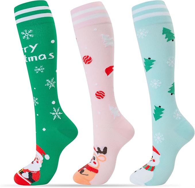 fenglaoda 3 Pairs Compression Socks for Women & Men Knee High Nurse Pregnant Cute Medical Running Travel Athletic