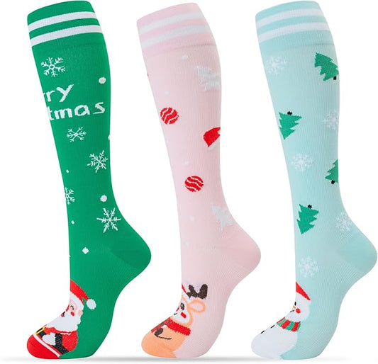 fenglaoda 3 Pairs Compression Socks for Women & Men Knee High Nurse Pregnant Cute Medical Running Travel Athletic