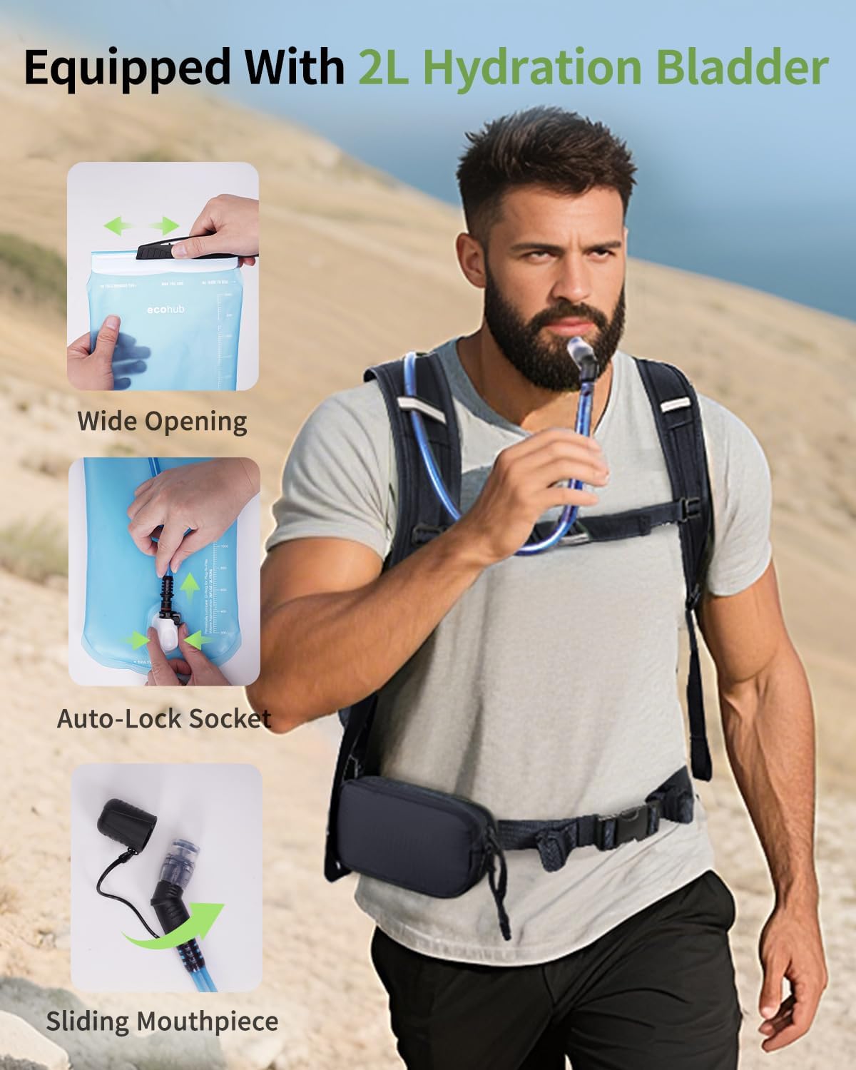 ECOHUB Hydration Backpack for Men Women, 20L Lightweight Hiking Daypack Cycling Backpack with 2L Water Bladder, Insulated Hydration Pack with Waist Pack