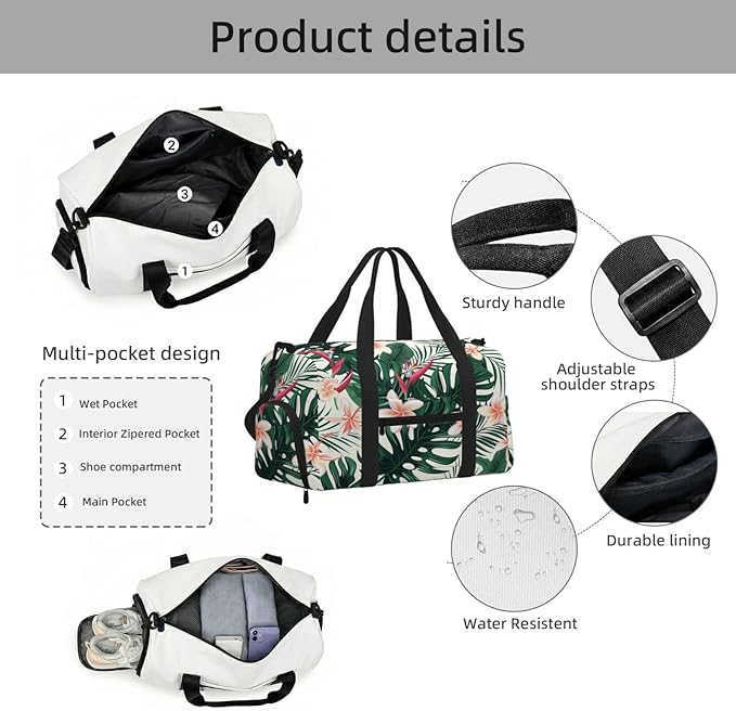 Sports Gym Bag Tropical Leaves Flowers Spring Travel Duffel Bag With Shoe Compartment Shoulder Strap, Lightweight Water-Resistant Weekend Overnight Totes For Women Men