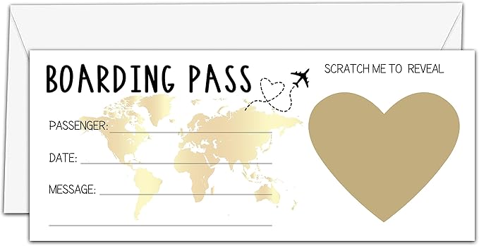 AWSICE Scratch Surprise Boarding Pass, 1 Set Make Your Own DIY Travel Ticket, Surprise Reveal Card for Holiday, Christmas, Wedding, Birthday, Anniversary, Party Supply(3.5"x8" Gold)-A001