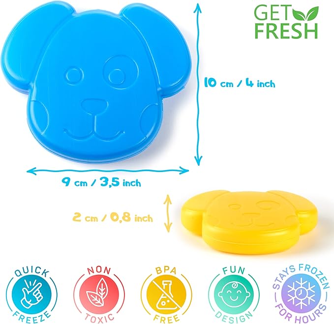 GET FRESH Mini Freezer Ice Packs for Lunch Boxes - 4-Pack Cute Small Ice Blocks for Cool Bags and Kids Lunch Box – Reusable Animal Freezer Blocks for Kids Lunch Cool Boxes Bags with 10 Food Picks