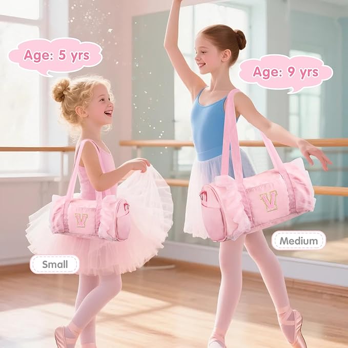 Personalized Initial Dance Bag for Girls 4-6, Small Lace Gym Sport Yoga Cheer Dance Bags Gift for Teen Girls, Cute Letter Kids Ballet Bag Toddler Travel Duffel Tote with Adjustable Straps(Pink-V)
